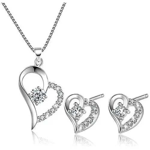 Women Love Heart Pendant Necklace Earrings Set, Sterling Silver Jewelry Set Gift For Her Women Love Heart Pendant Necklace Earrings Set, Sterling Silver Jewelry Set Gift For Her