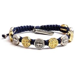 My Saint My Hero Handwoven Benedictine Blessing Bracelet, Adjustable (Gold and Silver Plated Medals on Navy)