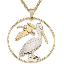 Pelican Pendant & Necklace, British Virgin Islands 50 Cents Hand Cut, 1 3/16'' in diameter
