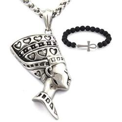 GUNGNEER Stainless Steel Egyptian Necklace Heart Pattern Queen Nefertiti Pendant Amulet Jewelry Keel Chain 20'' 28''