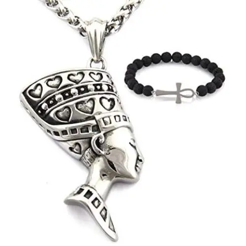 GUNGNEER Stainless Steel Egyptian Necklace Heart Pattern Queen Nefertiti Pendant Amulet Jewelry Keel Chain 20'' 28''