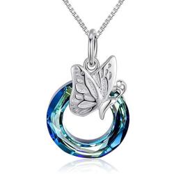 lotus & leaf Butterfly Necklace, 925 Sterling Silver Butterfly Gifts for Women Blue Crystal Pendant Necklaces Animal Jewelry Gift for Girls Kids