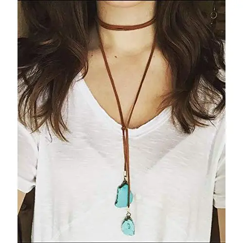 Doubnine Turquoise Choker Boho Wrap Necklace Bohemian Jewelry Vegan Suede Lariat Sexy Accessories for Women