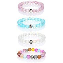 4Pcs Mystic Mermaid Beaded Stretch Bracelet Handmade Round Glass 8mm Multicolor Matte Beads Elastic Bracelet Shining Moonstone Beads Wristband for Women Girl Valentines Jewelry