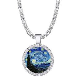 14k Gold Van Gogh The Starry Night Pendant Necklace with Plated Tennis Chain AAA+ Cubic Zircon Necklaces for Women Men