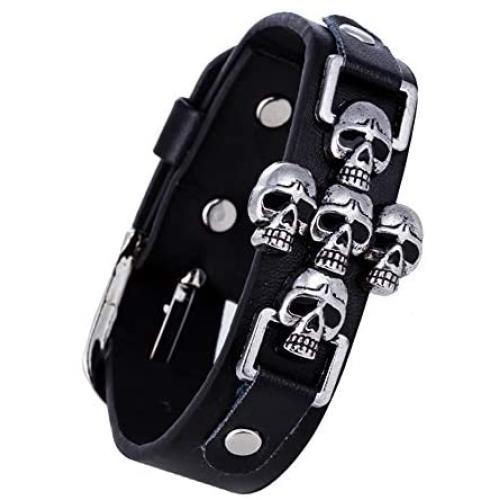 Eiffy Vintage Retro Rivet Punk Cool Hip Hop Leather Skull Skeleton Crossbone Biker Bangle Bracelet Mens Adjustable Jewelry