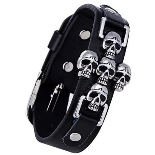 Eiffy Vintage Retro Rivet Punk Cool Hip Hop Leather Skull Skeleton Crossbone Biker Bangle Bracelet Mens Adjustable Jewelry