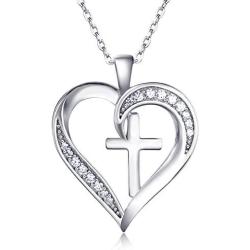 Van Chloe Heart Cross Necklace for Women 925 Sterling Silver Necklace Cubic Zirconia Diamond Pendant White Gold Plated Valentines Day Mothers Day Jewelry Gift for Women Girls