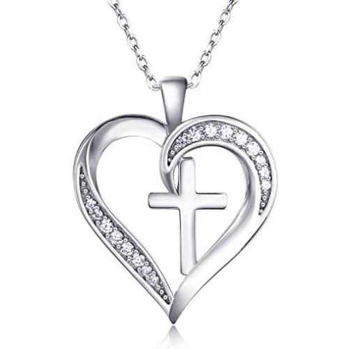 Van Chloe Heart Cross Necklace for Women 925 Sterling Silver Necklace Cubic Zirconia Diamond Pendant White Gold Plated Valentines Day Mothers Day Jewelry Gift for Women Girls