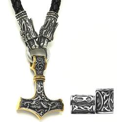 Gungneer Thors Hammer Pendant Mixed Gold Color Viking Mjolnir Necklace for Men with Black Wolf Head Leather Chain, 316L Stainless Steel Bonus 2 Rune Beads