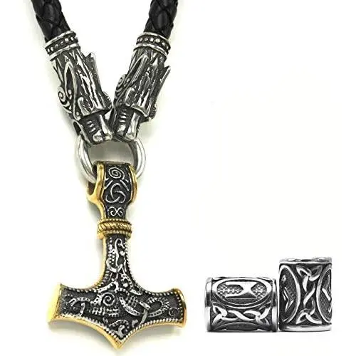 Gungneer Thors Hammer Pendant Mixed Gold Color Viking Mjolnir Necklace for Men with Black Wolf Head Leather Chain, 316L Stainless Steel Bonus 2 Rune Beads Gungneer Thors Hammer Pendant Mixed Gold Color Viking Mjolnir Necklace for Men with Black Wolf Head Leather Chain, 316L Stainless Steel Bonus 2 Rune Beads