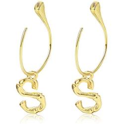 Sllaiss Sterling Silver Charm Bamboo Initial Earrings For Women Men 26 A-Z Capital Alphabet Earrings Open Half Circle Drop Dangle Letter Earrings Semi-Hoop 18K Gold Plated