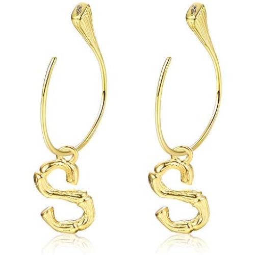 Sllaiss Sterling Silver Charm Bamboo Initial Earrings For Women Men 26 A-Z Capital Alphabet Earrings Open Half Circle Drop Dangle Letter Earrings Semi-Hoop 18K Gold Plated