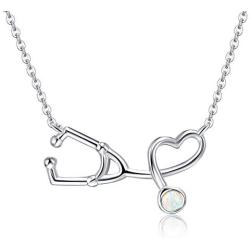 Opal Necklace 925 Sterling Silver Synthetic Opal Christian Believe Faith Necklace Nursing Themed Stethoscope Pendant Necklace for Nurses, Physician Assistants, Doctors, 18 Inches Christmas Jewelry