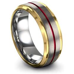 Chroma Color Collection Tungsten Carbide Wedding Band Ring 8mm for Men Women Green Red Blue Purple Black 18K Yellow Gold Grey Center Line Step Bevel Edge Brushed Polished