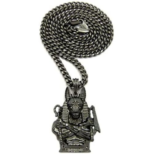 Shiny Jewelers USA Mens Egyptian Anubis Hematite GOD Pendant Cuban Box Chain Necklace