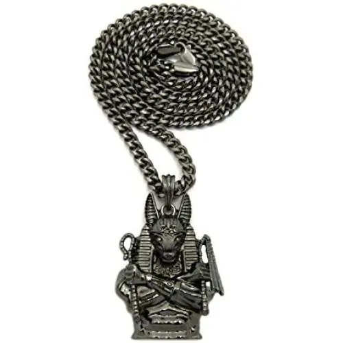 Shiny Jewelers USA Mens Egyptian Anubis Hematite GOD Pendant Cuban Box Chain Necklace Shiny Jewelers USA Mens Egyptian Anubis Hematite GOD Pendant Cuban Box Chain Necklace