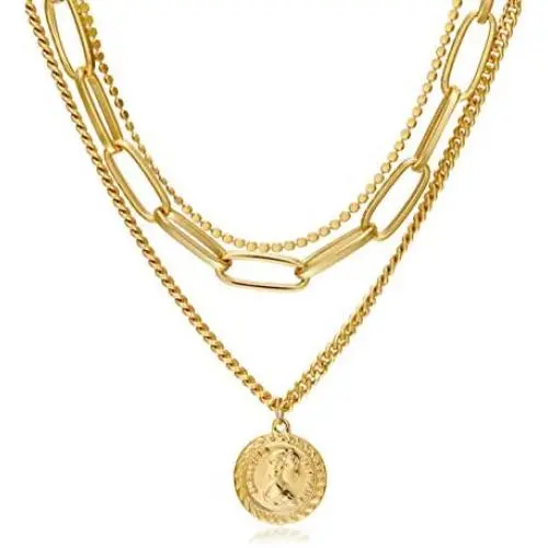 ACC PLANET Layered Choker Necklace,18K Gold Plated Coin Pendant Necklace Multilayer Disc Necklace Chunky Paperclip Link Chain Adjustable Layering Choker Necklaces for Women Jewelry Mothers Gifts
