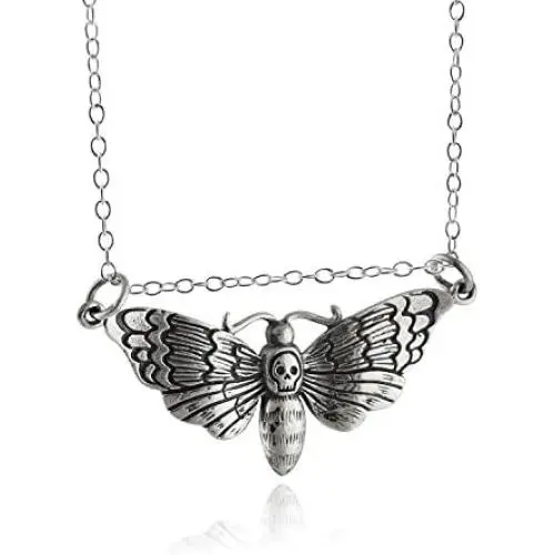 Sterling Silver Deaths Head Hawk Moth Pendant Necklace, 18'' Cable Chain Sterling Silver Deaths Head Hawk Moth Pendant Necklace, 18'' Cable Chain