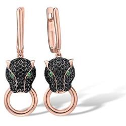 Santuzza Black Panther Spinel Rose Gold 14K Plating Earrings for Women 925 Sterling Silver Leopard Head Earring