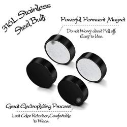 LOLIAS 4 Pairs 6-12mm Black Stainless Steel Magnetic Fake Gauges Earring Studs for Men Women Non Pierced Earrings