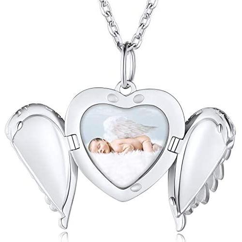 Custom4U Angel Wing Locket for Teen Girls Personalized Tiny Locket Necklace that Holds Picture 925 Sterling Silver Pendant with 16''/18''/22'' Chain Christmas Jewelry