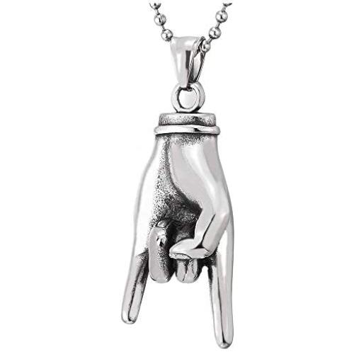 COOLSTEELANDBEYOND Punk Rock Roll, Steel Mens Womens Hand Pendant Necklace, 30 inches Steel Ball Chain
