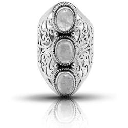 Koral Jewelry Moonstone 3 Stones Lace Ring 925 Sterling Silver Vintage Tribal Gipsy Boho Look US Size 6 7 8 9 10