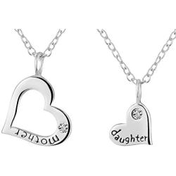 Mother Daughter Necklaces for 2: .925 Sterling Silver Crystal Heart Charm & Heart Cut Out Necklaces