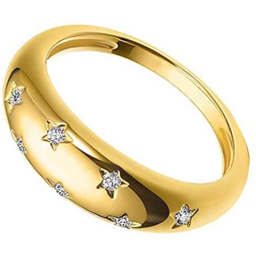 18k Gold Plated Chunky Dome Ring Croissant Braided Cubic Zirconia Inlayed Star Ring Signet Thick Band for Women Size 5 to 10