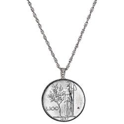 Italian Lire Coin Pendant Necklace - L.100 Jewelry Lira Coin from Italy for Collectors with Silvertone Chain and Lobster Claw Clasp - Full Shiny Steel Composition for Women | Elegant Gift Box Included