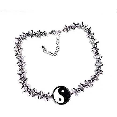 Skye Jewelry Barbed Wire Necklace w/Round Ying Yang Attached Pendant & Adjustable Clasp Fits 14” – 17”
