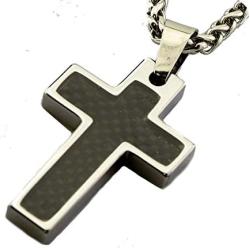 MJ Metals Jewelry Personalized Tungsten Carbide Carbon Fiber Inlay Cross Pendant Necklace 18'' to 20'' SS Wheat Chain