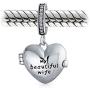 Personalized Words Saying Both Sides Saying MY BEAUTIFUL WIFE Dangle Heart Locket Charm Bead For Women Momenta Holder For Wife Oxidized .925 Sterling Silver