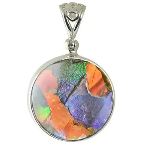 Starborn Ammolite and Sterling Silver Round Pendant with Filigree Bail