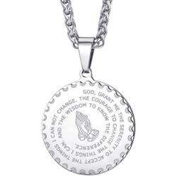 MOO&LEE Serenity Prayer Lords Prayer Coin Pendant Necklace for Men Christian Jewelry 24 Inch Stainless Steel Link Chain