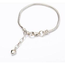 RUBYCA 10pcs White Silver Plated Heart Lobster European Snake Chain Bracelets fit Charm Beads 7.5''