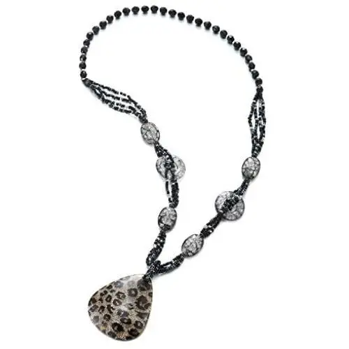 COOLSTEELANDBEYOND Black Statement Necklace Long Gem Stone Beads Chain Large Dangling Leopard Print Resin Sector Charm COOLSTEELANDBEYOND Black Statement Necklace Long Gem Stone Beads Chain Large Dangling Leopard Print Resin Sector Charm