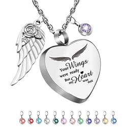 Dletay Heart Urn Necklace for Ashes with 12 Birthstones Cremation Jewelry for Ashes -Your Wings were Ready My Heart was Not