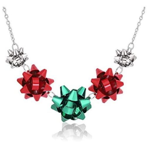 VOGUEKNOCK Gift Bow Necklace Christmas Bow Collar Necklace Xmas Jewelry Gift Red Green Bows