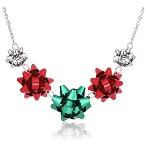VOGUEKNOCK Gift Bow Necklace Christmas Bow Collar Necklace Xmas Jewelry Gift Red Green Bows