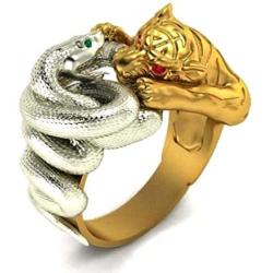 Snake Tiger Ring for Men, Gold Tiger Silver Snake Fighting, Vintage Gothic Red Eyes Tiger Head Ring, Punk Hip Hop Green Eyes Snake Wrap Ring, Viking Animal Jewelry Gift for Men Boys