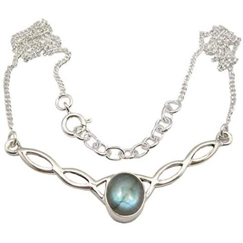 SilverStarJewel Natural Cab Labradorite Necklace 18.3'' 925 Pure Silver New Gemstone