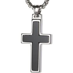 Unique GESTALT Onyx Inlay Tungsten Cross Pendant. 4mm Wide Surgical Stainless Steel Box Chain.