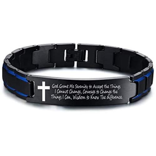 VNOX Personalized Custom Religous Quote Two Tone Blue Stainless Steel Link Bracelet Motivational Inspirational Gifts for Men Boys