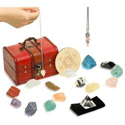 Soulnioi 18Pcs Crystals and Healing Stones Set (14 Therapy Chakra Stones, Natural Quartz Pendulum, Spiritual Crystal Necklace) + Gift Wooden Box, for Meditation, Yoga, Collection, Girlfriend, Lady