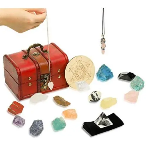 Soulnioi 18Pcs Crystals and Healing Stones Set (14 Therapy Chakra Stones, Natural Quartz Pendulum, Spiritual Crystal Necklace) + Gift Wooden Box, for Meditation, Yoga, Collection, Girlfriend, Lady