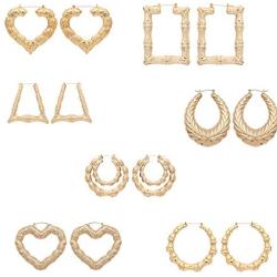 7 Pairs Bamboo Earrings Set Dainty Heart Shape Teardrop Round Shape Earrings Large Gold Bamboo Hoop Earrings Set for Women Girls Jewelry