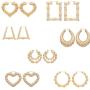 7 Pairs Bamboo Earrings Set Dainty Heart Shape Teardrop Round Shape Earrings Large Gold Bamboo Hoop Earrings Set for Women Girls Jewelry