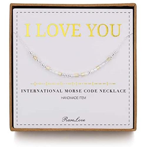 RareLove I Love You Morse Code Necklace 925 Sterling Silver Beads Two Tone Secret Message Wife Sister Friends Valentines Gift For Her Women Girls